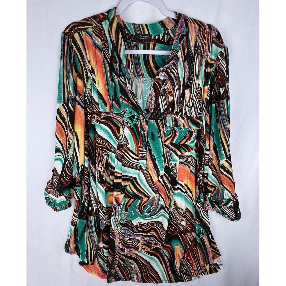 Cocomo Woman 3X Multicolor Abstract Tunic Blouse Flowy 3/4 Sleeve